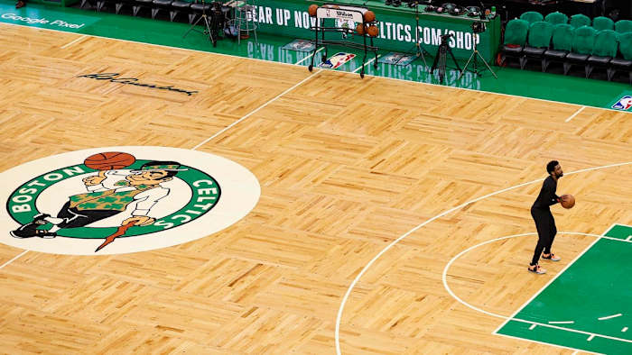 Brooklyn Nets guard Kyrie Irving (11) shoots free throws two hours before game two of the first round for the 2022 NBA playoffs.